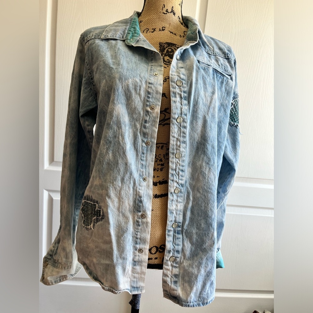 Vintage Allston Distressed Acid Wash Denim Western Shirt | Boho Punk Patchwork